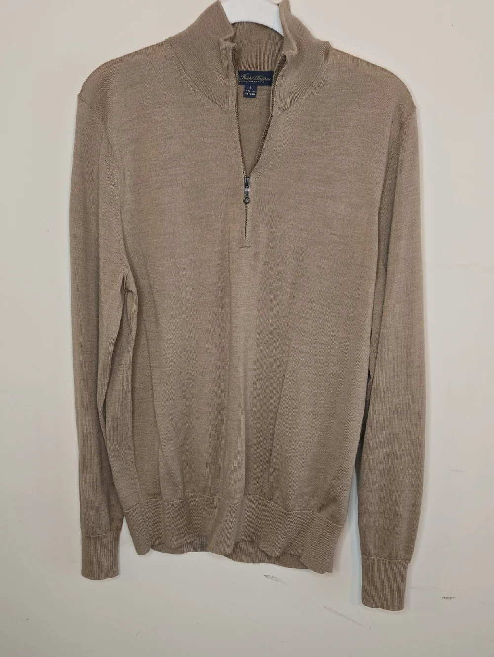 Brooks Brothers Tan Merino Wool Quarter Zip Sweater Small Preppy Quiet Luxury